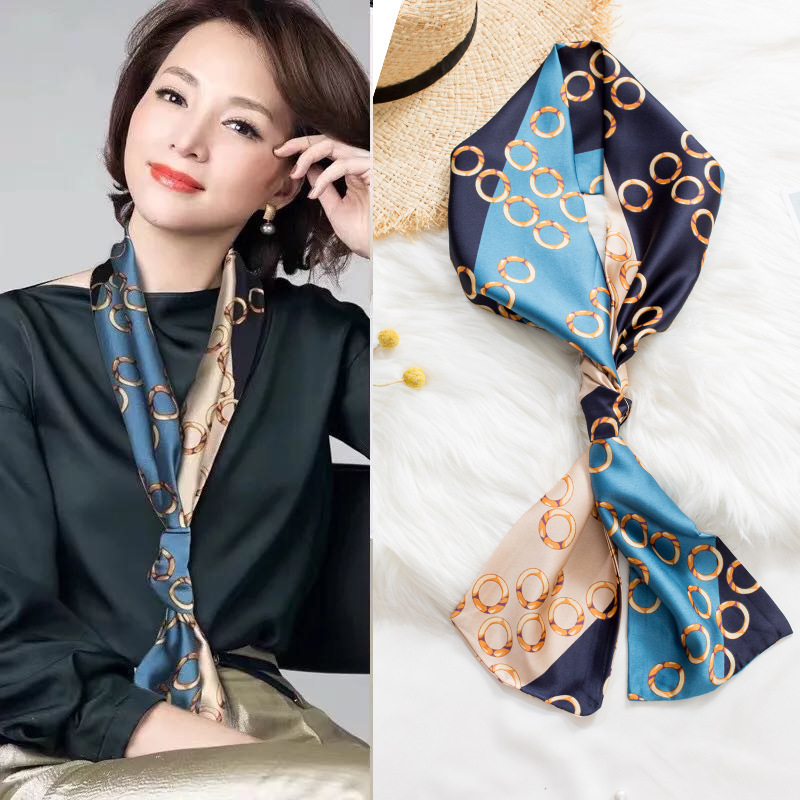 Small Silk Scarf Women's Spring and Autumn Thin Korean Style Versatile Thin Narrow Long Scarf Tied-up Hair Elegant Square Scarf with Suit Lining