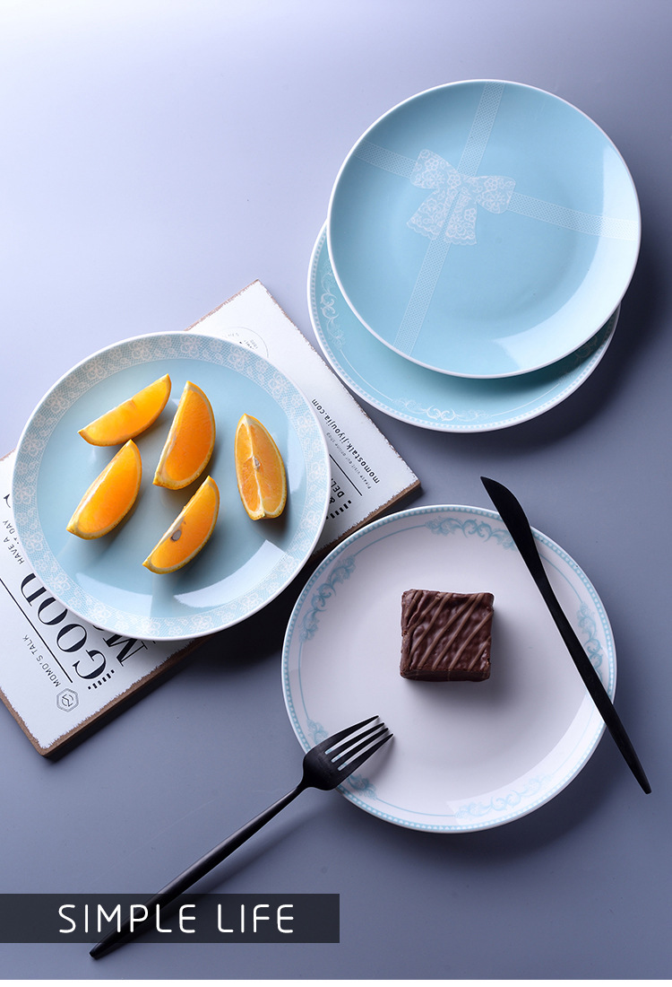 ins法式复古西餐盘子8寸蒂芙尼蓝蝴蝶结系列陶瓷盘美食摆拍早餐盘