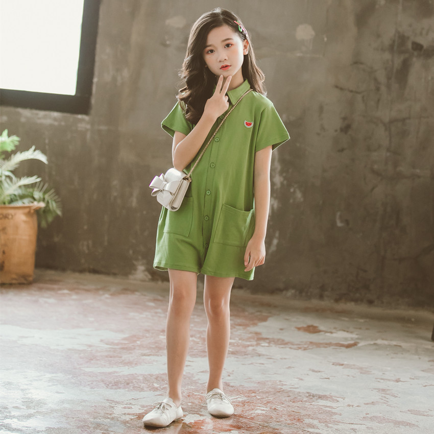 2020夏款韩连体裤小学生宽松牛油果绿百搭女童连身裤