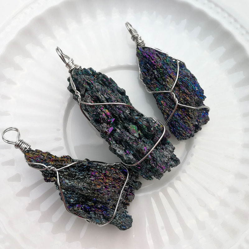 批发天然七彩火山石吊坠 欧美款煤晶手工绕丝毛衣链挂坠 外贸热销