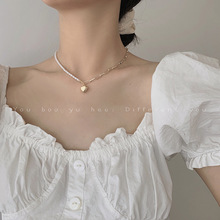 半仿珍珠一半链条立体质感爱心项链女气质简约个性时尚法式锁骨链