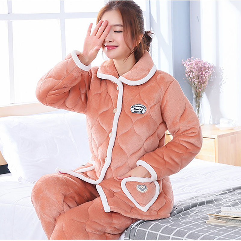 冬季女装三层加厚夹棉珊瑚绒睡衣上衣家居服保暖长袖单件棉衣棉袄