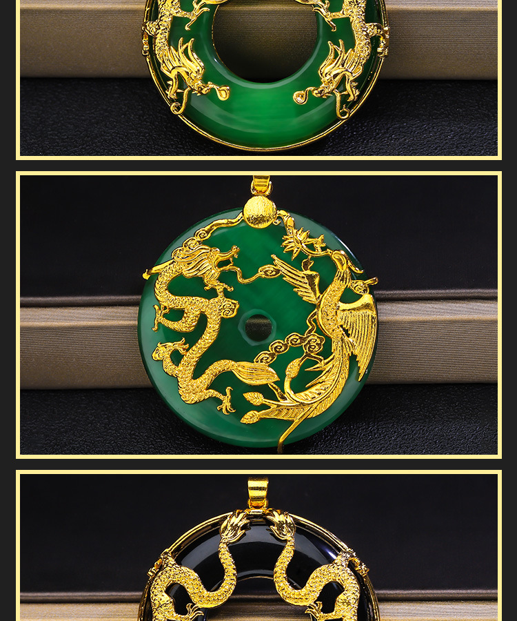 龙凤呈祥金镶玉吊坠男士双龙龙凤项链平安扣沙金项链男批发代发