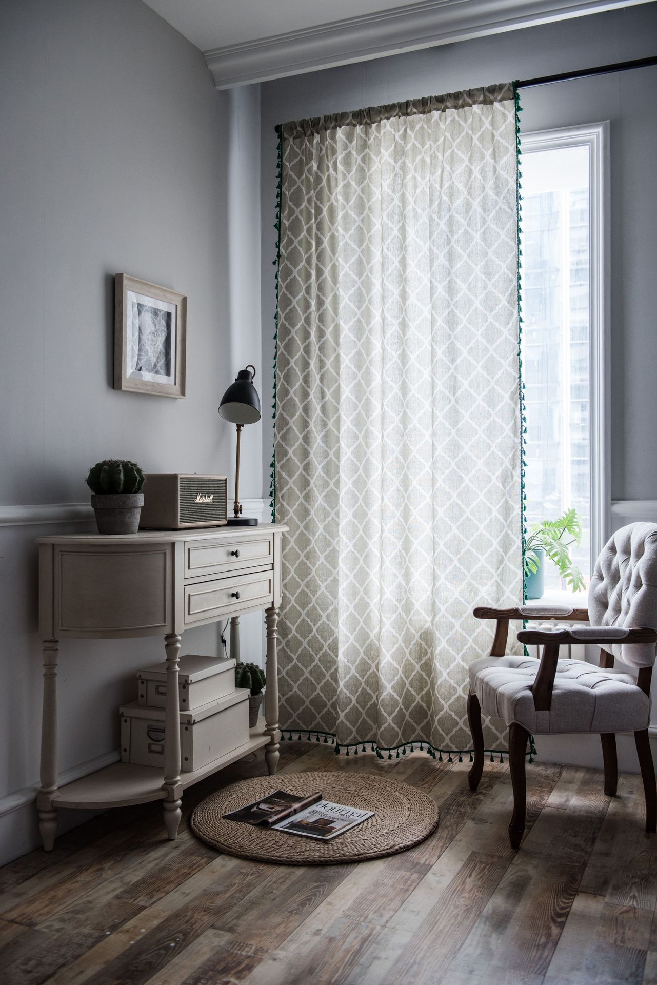 窗帘成品几何印花绿色流苏美式小窗厨房帘棉麻半遮光飘窗单片厂家