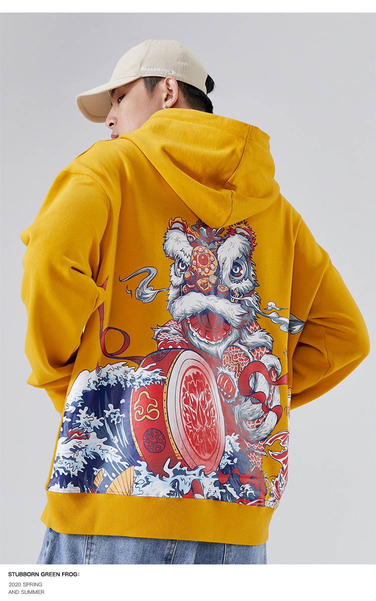 国潮中国风醒狮印花连帽衫宽松潮牌街头嘻哈oversize外套卫衣男女