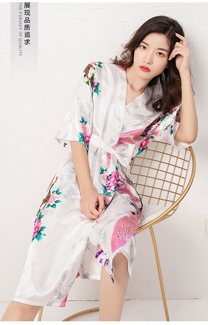 跨境女士冰丝睡袍性感浴袍 新娘晨袍家居服中长款仿丝睡衣女