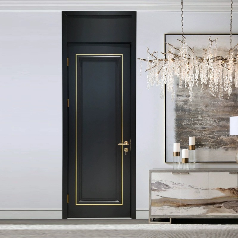 德悦订制黑色实木门卧室房门新中式轻奢金属条室内门民宿烤漆门