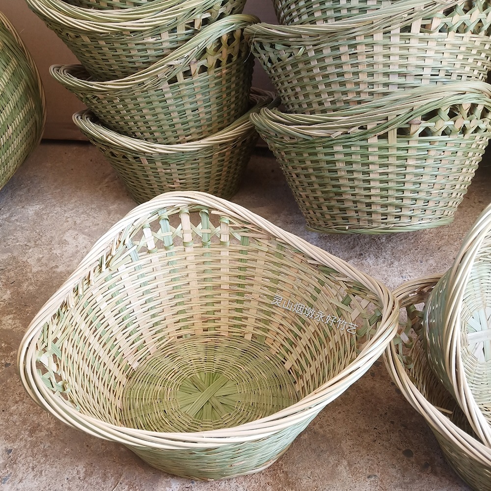 手工竹制品竹编筐水果篮沥水编织篮箩筐竹筛子馒头糕点托盘三叶篮