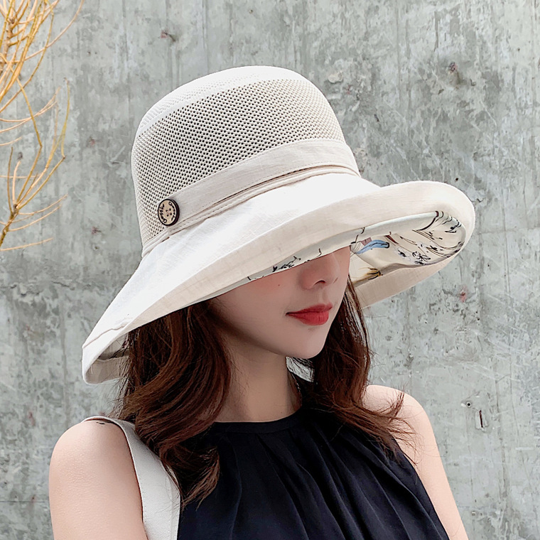 Women's Solid Color Fisherman Hat Spring and Summer Outdoor Travel Sun Hat Mesh Button Face Cover Sun Hat Wholesale