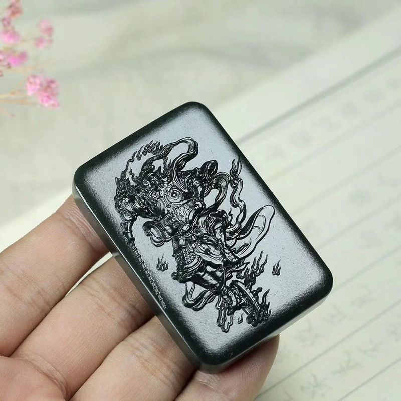 温润斋天然新疆和田玉青玉细料玉石王灵官挂件玉器玉灵官玉牌送证