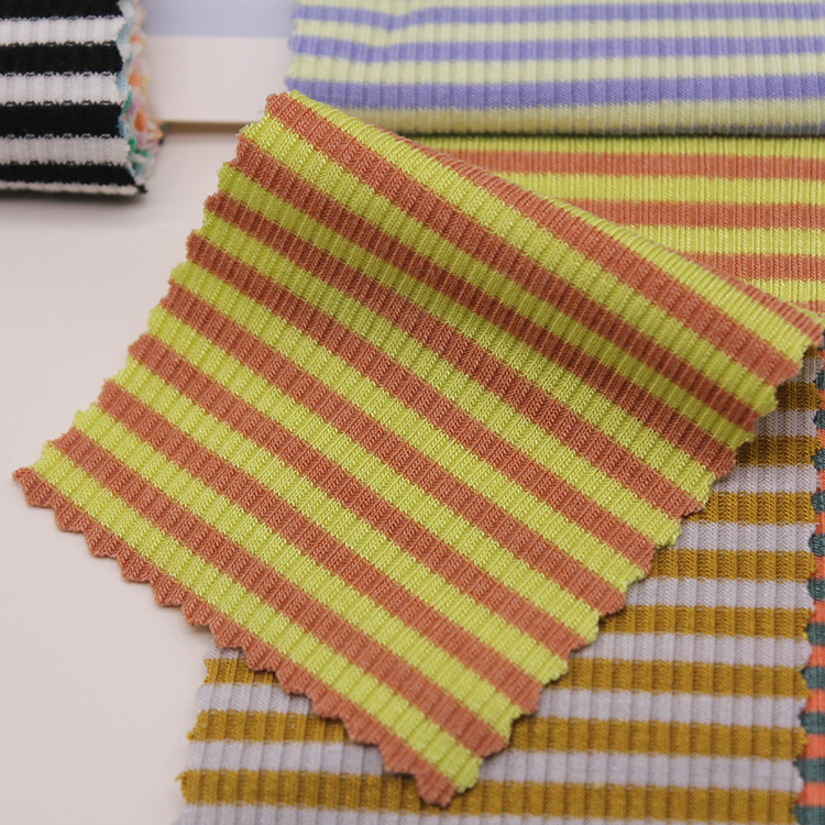 220克人棉彩条罗纹布横间彩虹条纹时装针织面料打底女装童装布料