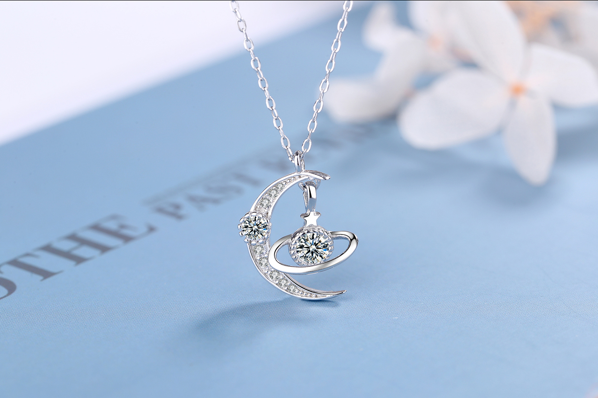 s925纯银月亮许愿星球项链星星宇宙吊坠情人节礼物女微镶锆石满钻