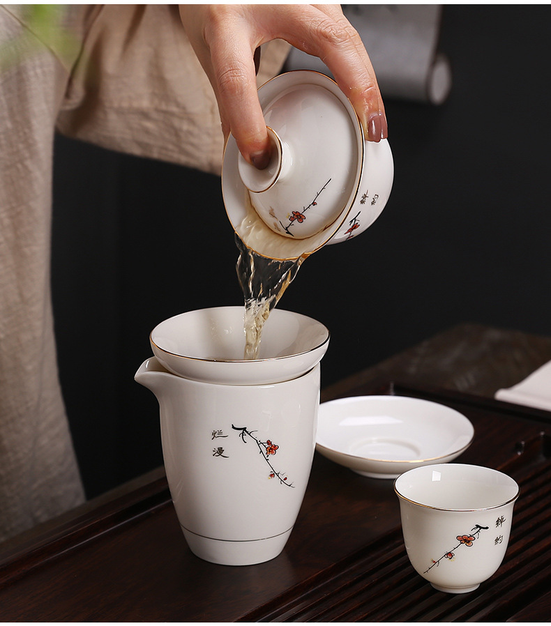 羊脂玉茶具套装盖碗家用泡茶器具功夫茶具白玉瓷中秋礼品茶具定制