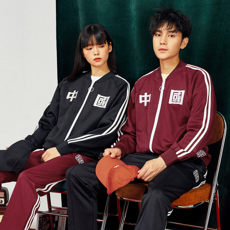 二条杠中国字样运动服潮牌刺绣花复古棒球服夹克男秋季情侣装外套