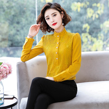 新款韩版泡泡袖花边蕾丝衫修身显瘦大码打底衫百搭长袖女衬衫1827