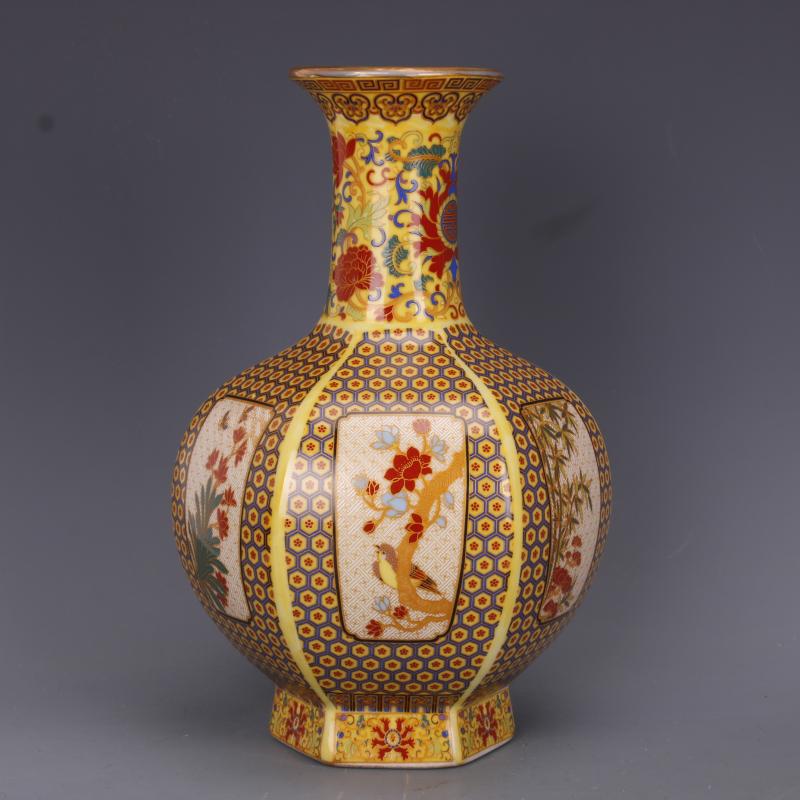清雍正描金珐琅彩花鸟六方天球瓶仿古工艺瓷器家居中式古玩老摆件