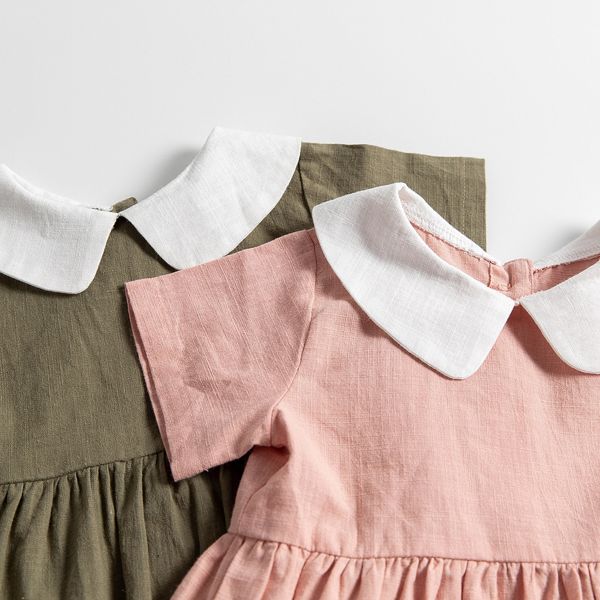 现货批发2-6岁儿童仿棉麻夏季连衣裙 全棉撞色趴领幼儿甜美休闲裙