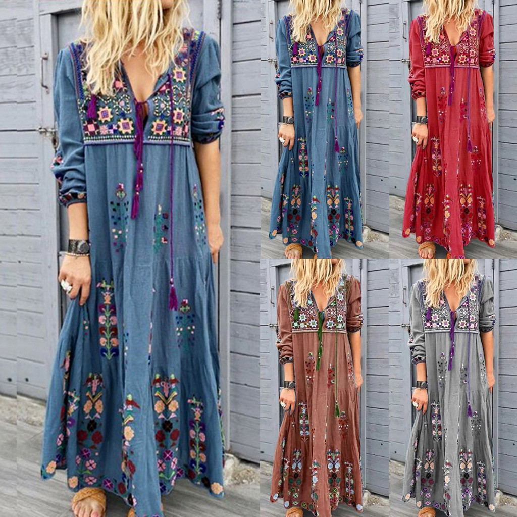 2022 European and American New Women's Clothes Bohemian Positioning Printing Patchwork Long Dress Fashion Drawstring Long Sleeve Dress