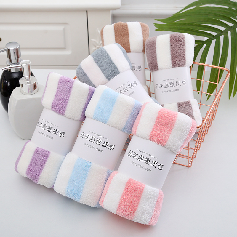 Coral Fleece Wide Striped Edge Towel Coral Fleece Warm Fleece Series Towel Household Soft Absorbent Present Towel