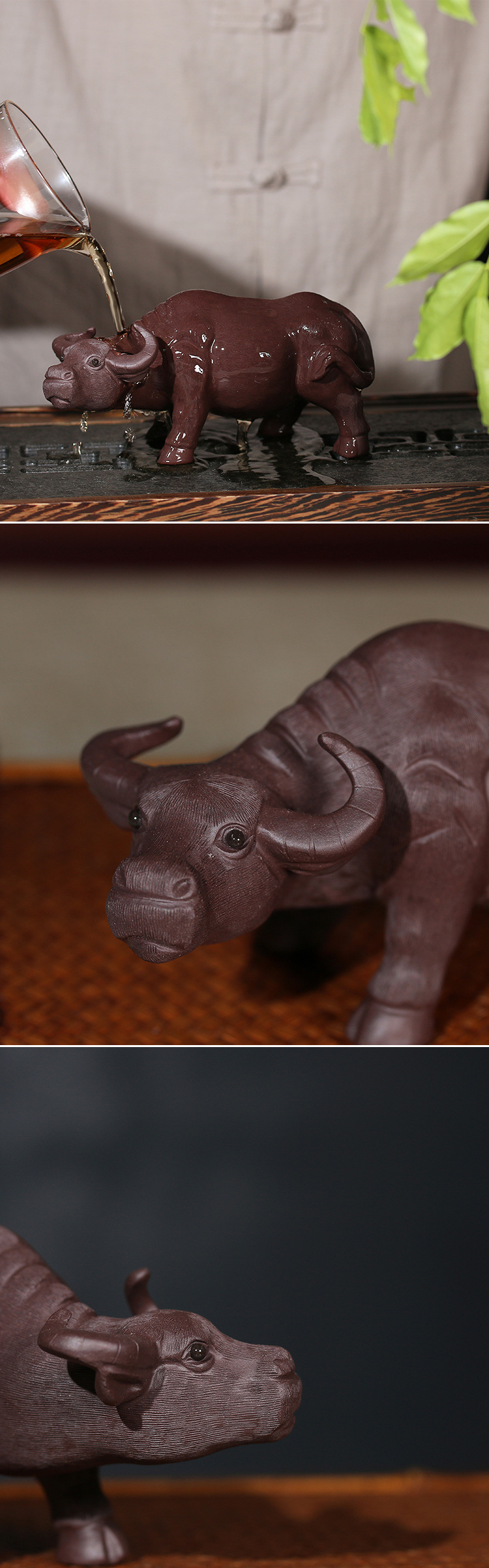 紫砂茶宠摆件拉毛水牛精品创意雕塑可养茶盘大号牛 牛气冲天宜兴