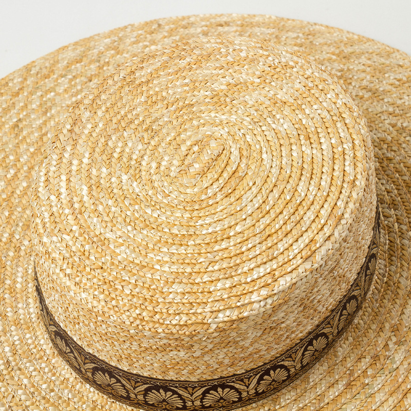 欧美新款复古花纹刺绣织带装饰麦秆平顶草帽旅游遮阳防晒沙滩草帽