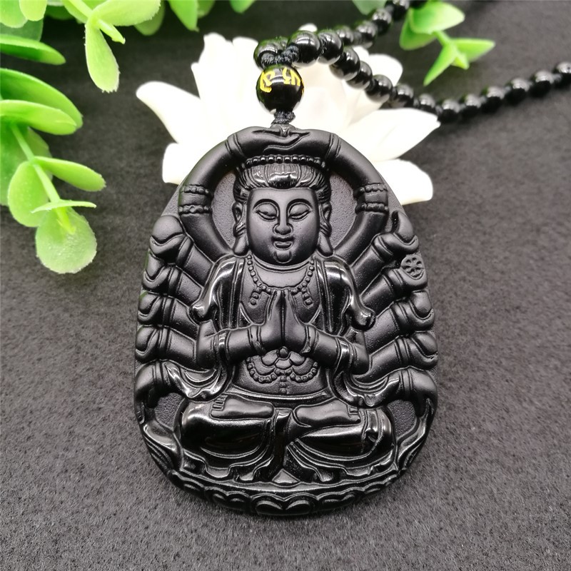 黑曜石千手观音吊坠生肖鼠守护神观音挂件千手千眼观音玉坠