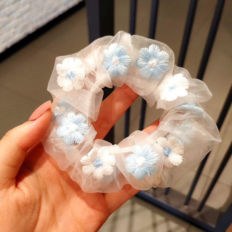 浪漫粉蓝甜美刺绣花朵发圈欧根纱大肠圈发绳ins网纱头绳少女发饰