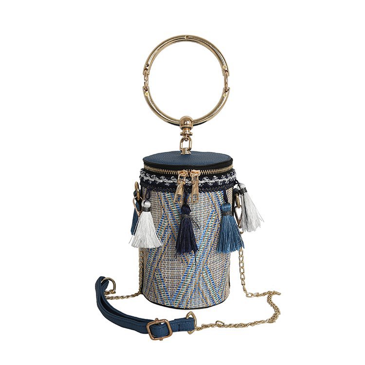 INS Chain Ethnic Style Ring Hand-Carrying Shoulder Bag Straw Cylinder Small Bag Fairy Tassel Bucket Bag Fashion