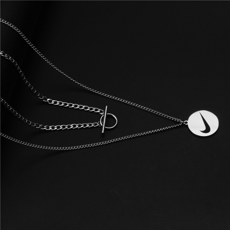 ins个性嘻哈项链 潮男女双层ot扣耐克吊坠长款项链链锁骨毛衣链