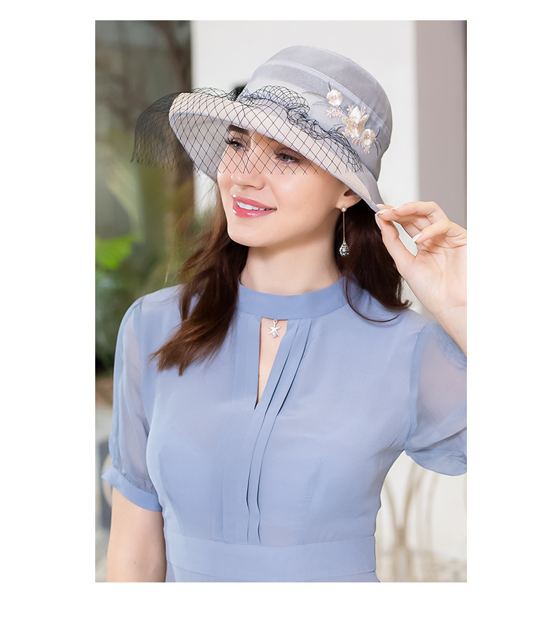 春夏新款女士洋气薄款网纱真丝帽子女民族风刺绣卷边遮阳渔夫盆帽