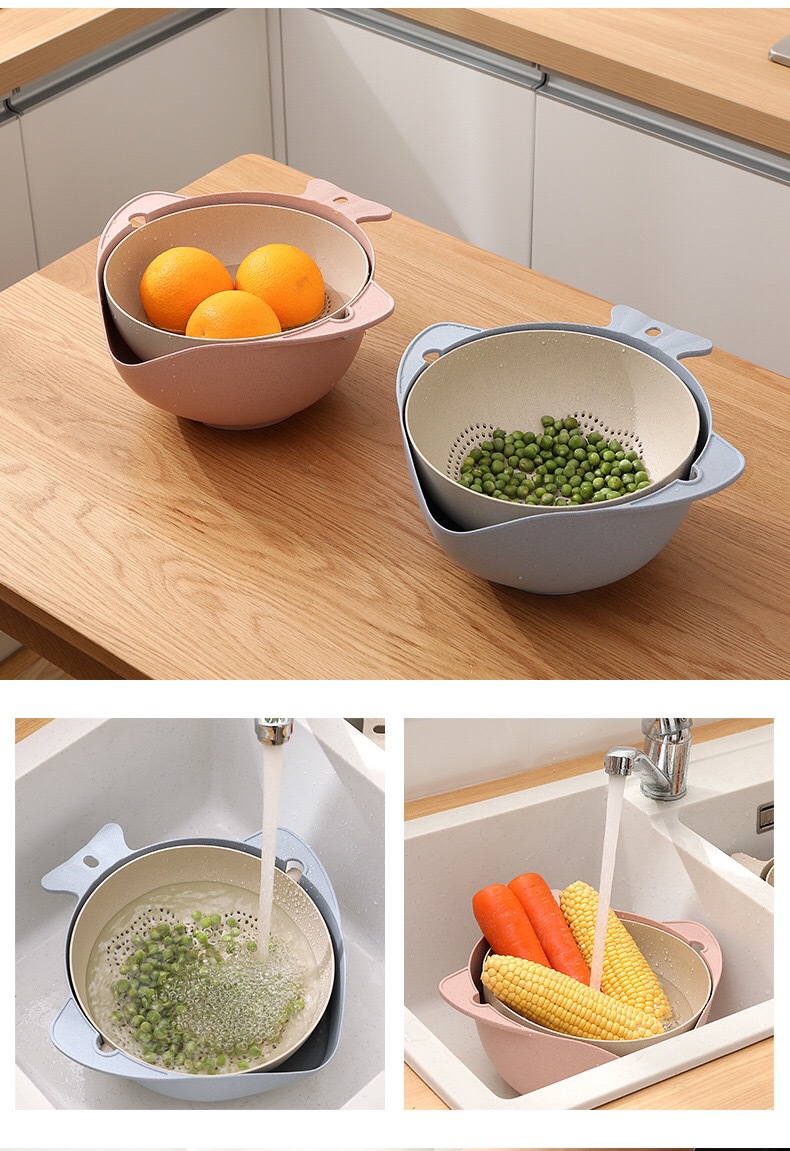 厂家批发小麦双层旋转沥水篮 厨房用品洗菜篮 多功能水果洗菜盆