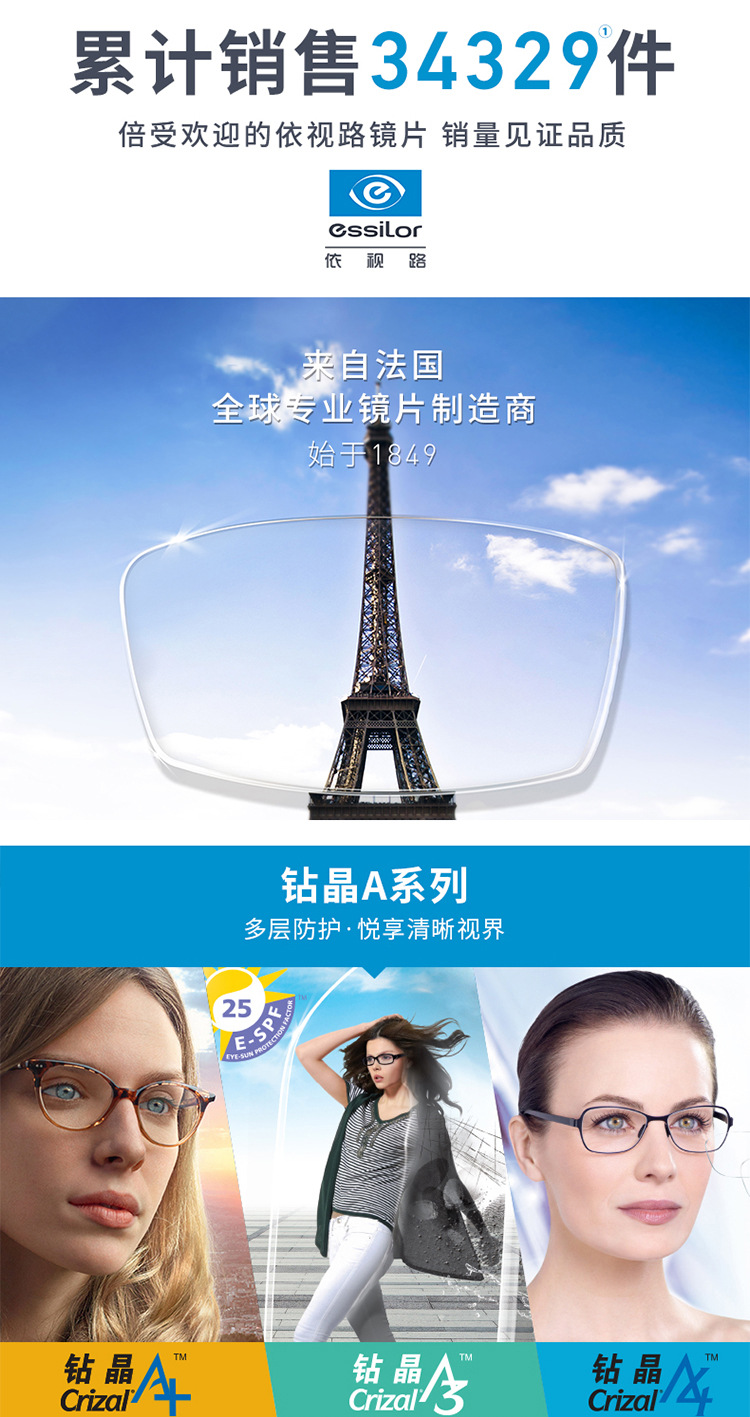 依视路钻晶a3a4a 眼镜片1.56/1.60/1.67非球面防雾蓝光近视定制