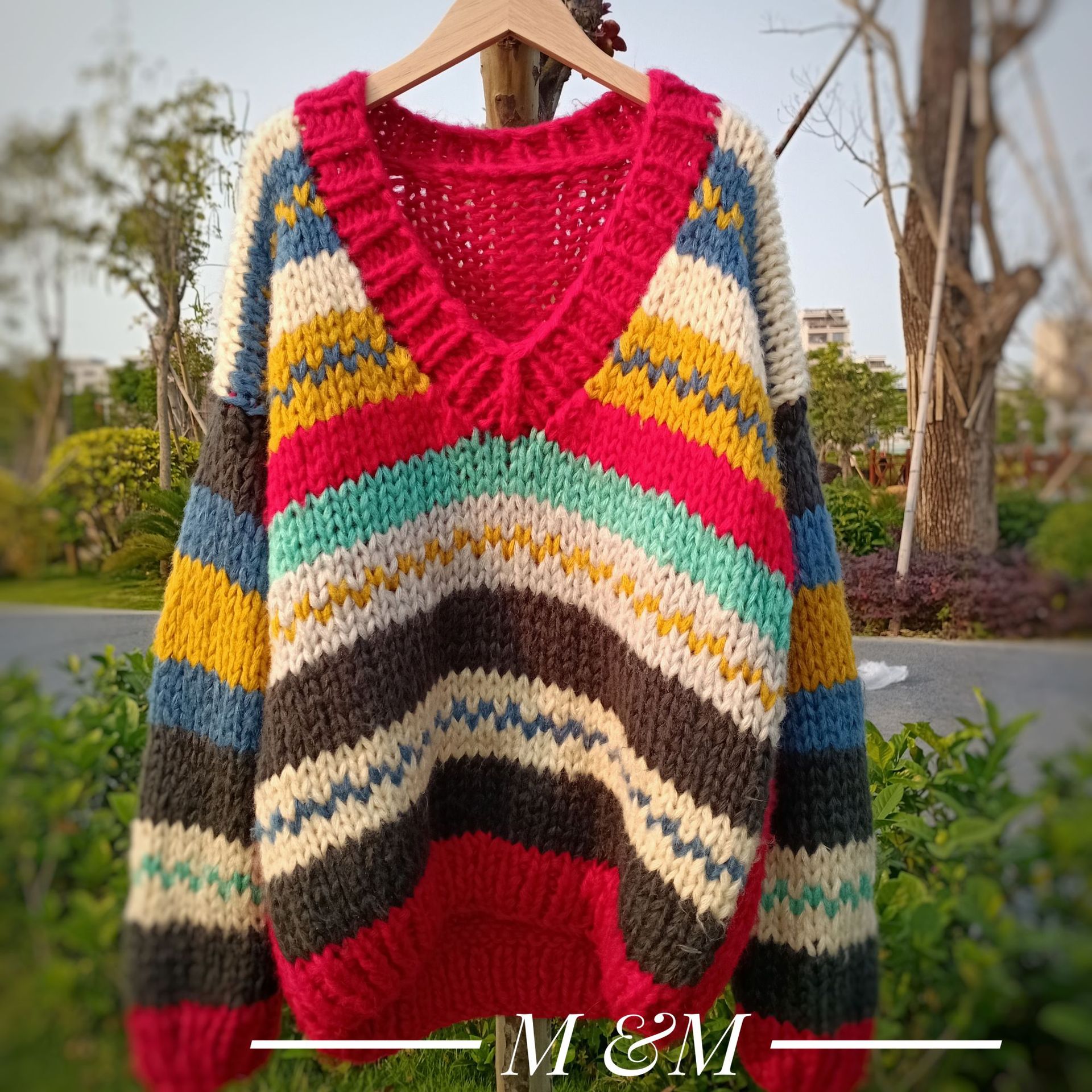 纯手工棒针编织毛衣女彩虹针织衫慵懒风 粗毛线ins