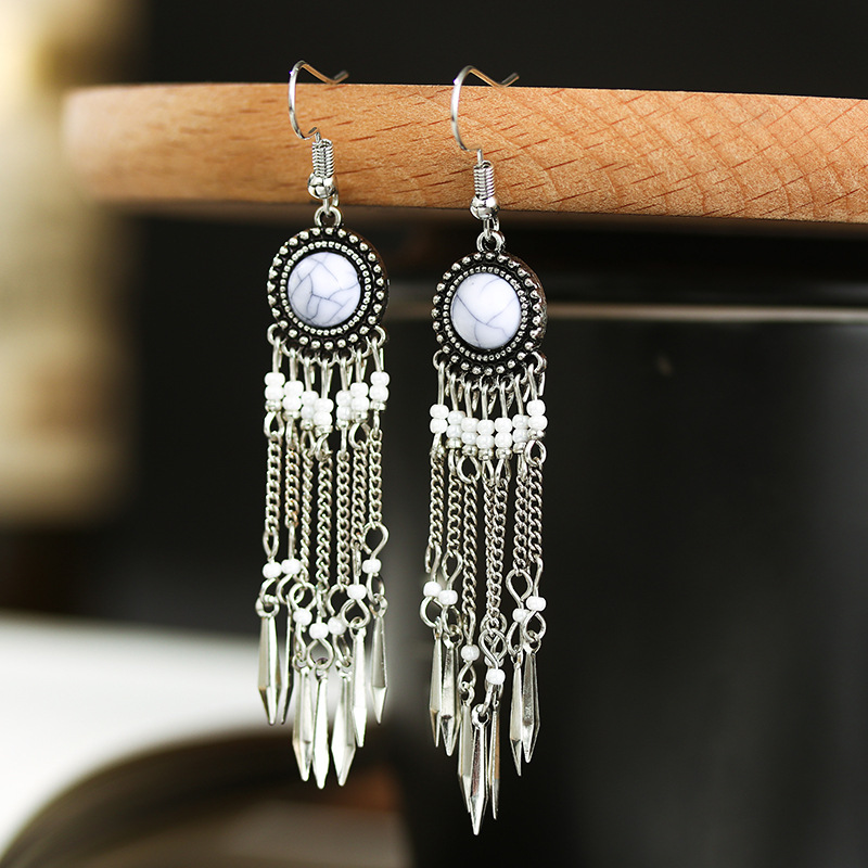 Creative Long Chain Tassel Retro Turquoise Earrings Women's European and American Fashion Antique Bead Earrings Eardrops Ethnic Style