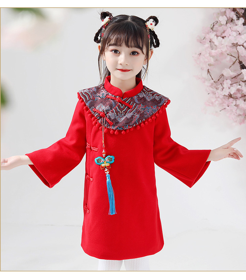 2020秋冬新款儿童唐装女童汉服小女孩新年装中国风旗袍毛呢拜年服