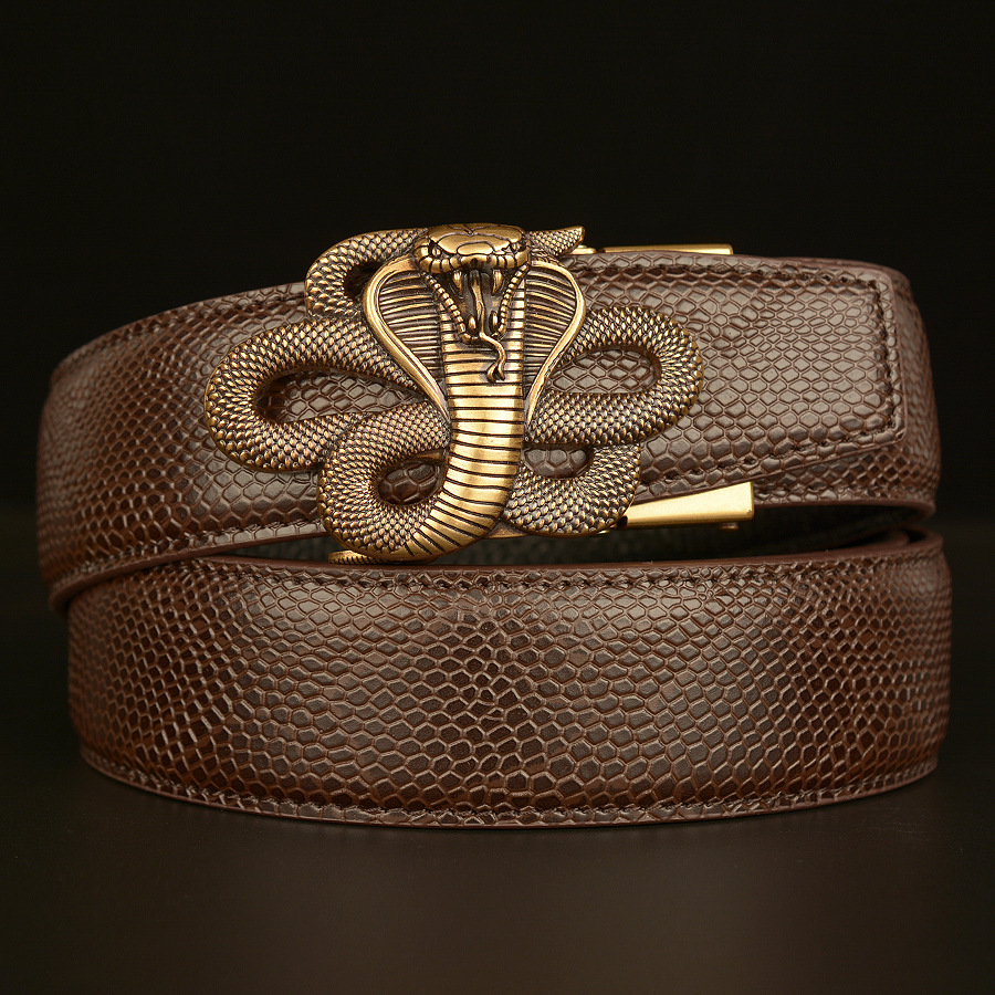 新款蛇皮纹头层牛皮男士腰带个性眼镜蛇自动扣休闲皮带皮裤腰带