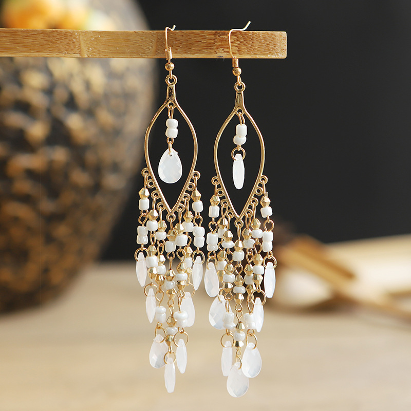 European and American Multi-Layer Water Drop Long Earrings Female Creative Bohemian Bead Tassel Ear Studs Earrings Beach Vacation Style