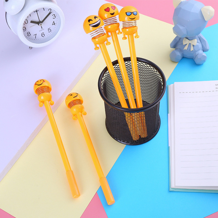 Online Influencer Cute Yellow Bobble Head Doll Ball Pen Smiley Spring Doll TikTok Q Facial Expression Bag Gel Pen Gift