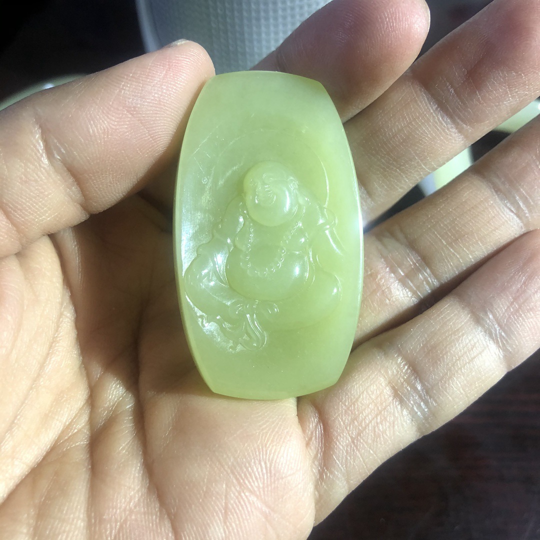 新疆若羌黄口料和田玉佛公笑佛吊坠挂件和田玉黄玉牌子带证书