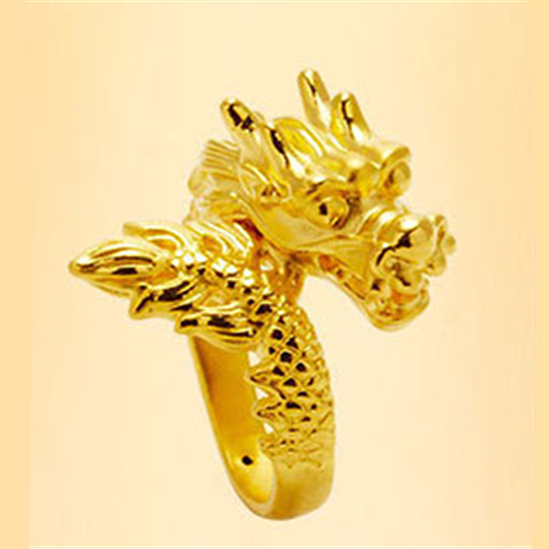 名族风图腾霸气龙临天下镀黄金龙头戒指开口指环沙面金生肖龙饰品