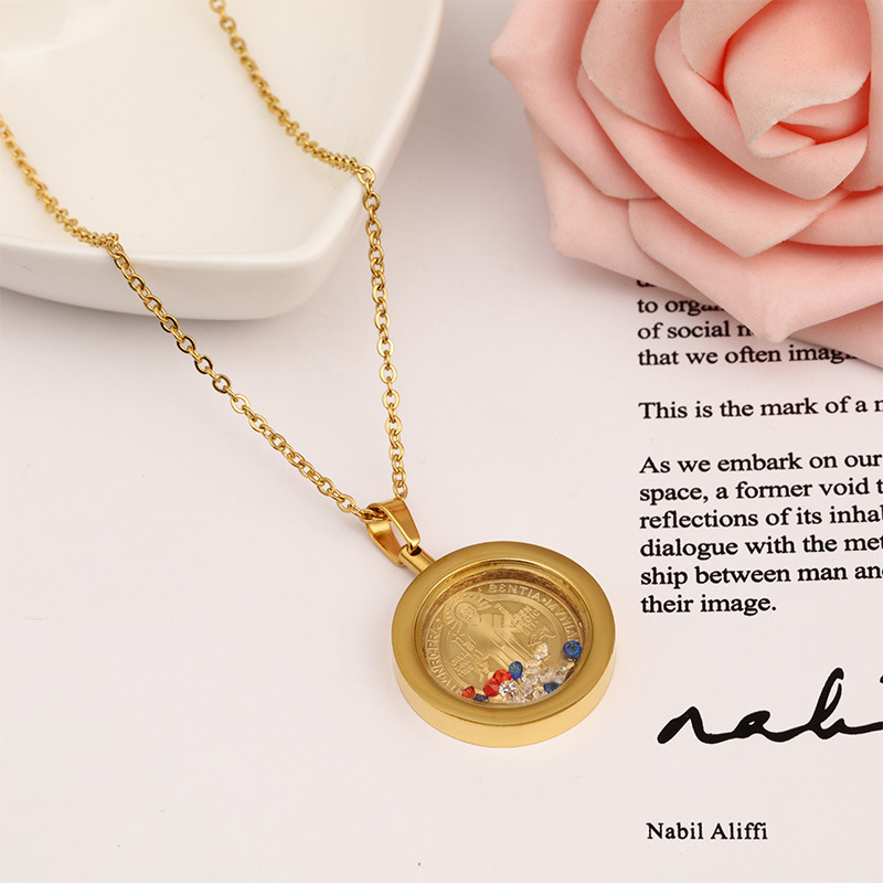 金色圣牌宗教项链 彩色水晶吊坠 金色圆形彩钻彩色许愿瓶项链饰品