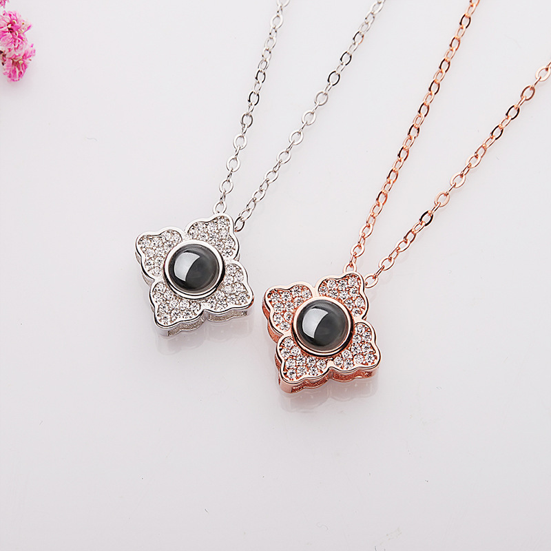 四叶草吊坠锁骨链女100种语言我爱你欧美跨境925银定制投影项链