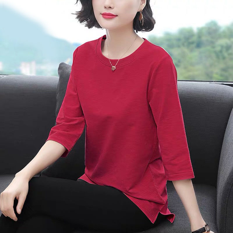 Spring and Summer Korean Style New Short Sleeve T-shirt Women's 3/4 Sleeve Top Bottoming Shirt Long Sleeve Mom's Loose Large Size Women's