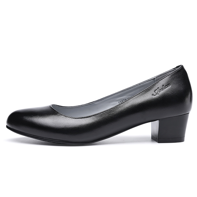 金猴皮鞋女尖头方跟浅口黑色单鞋一脚套女士职业正装通勤皮鞋