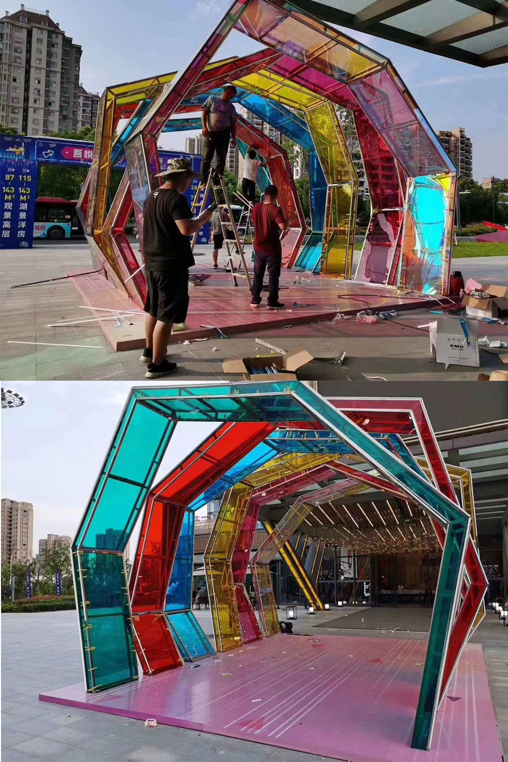 亚克力户外景观造型灯光节梦幻透明七彩商业美陈镭射七多彩贴膜