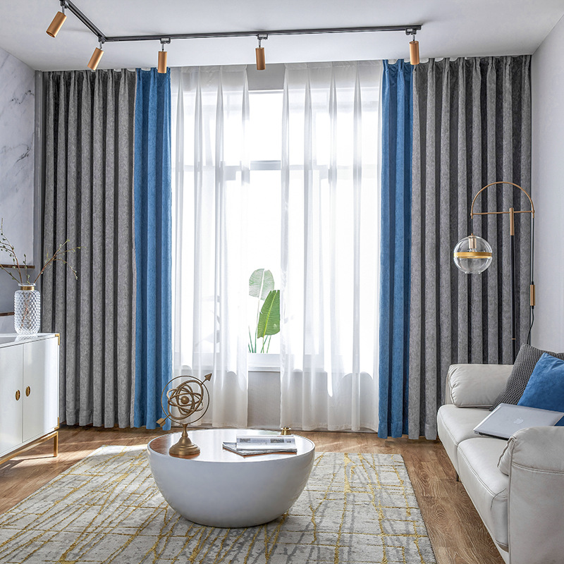 素色拼接雪尼尔遮光窗帘 北欧风窗帘成品定制 工程客厅卧室打孔帘