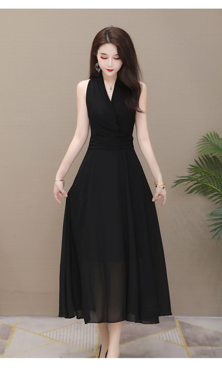 挂脖长裙2020夏季新款女装长裙时尚性感修身黑色雪纺无袖连衣裙