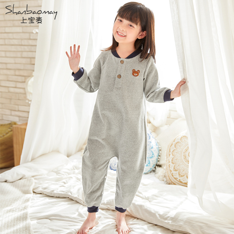 Shanbaomay Autumn and Winter Children's One-Piece Pajamas Cotton Thickened Baby Pajamas Anti-Kick Prevent Catching Cold Boys and Girls Thermal Pajamas