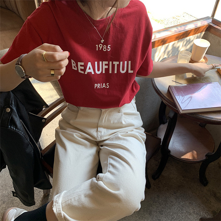 Summer 2022 Letter Print Short-Sleeve T-shirt Women's Loose Korean Style Bottoming Shirt Ins Popular Net Red Preppy Style Top