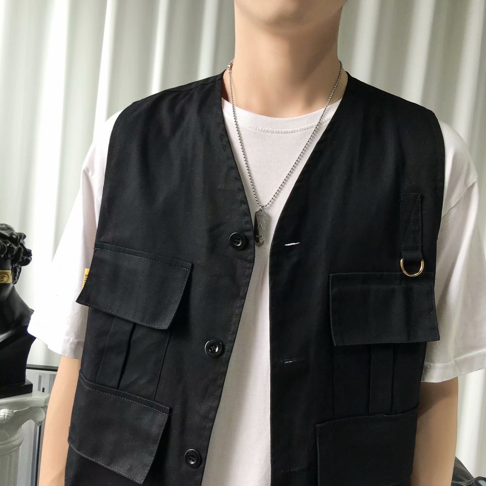 日系男装2020春夏新款国潮复古咔叽户外机能拼接工装马甲男173